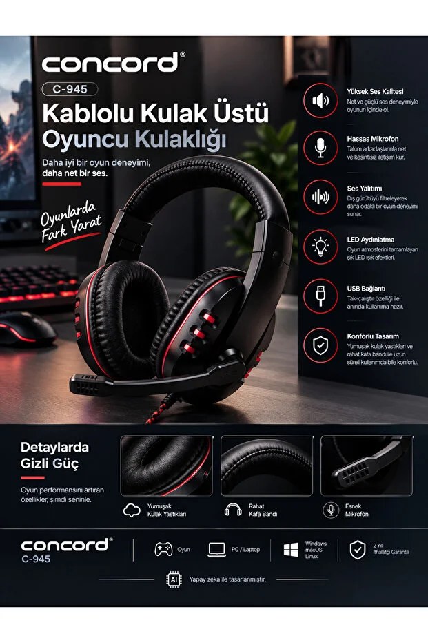 Concord C-945 Kablolu Kulak Üstü Oyuncu Kulaklığı – USB LED Aydınlatmalı Mikrofonlu Oyuncu Kulaklık