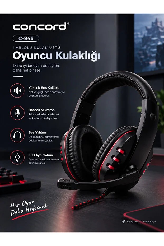 Concord C-945 Kablolu Kulak Üstü Oyuncu Kulaklığı – USB LED Aydınlatmalı Mikrofonlu Oyuncu Kulaklık